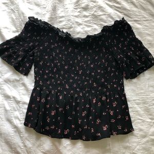 off the shoulder black blouse with flowers